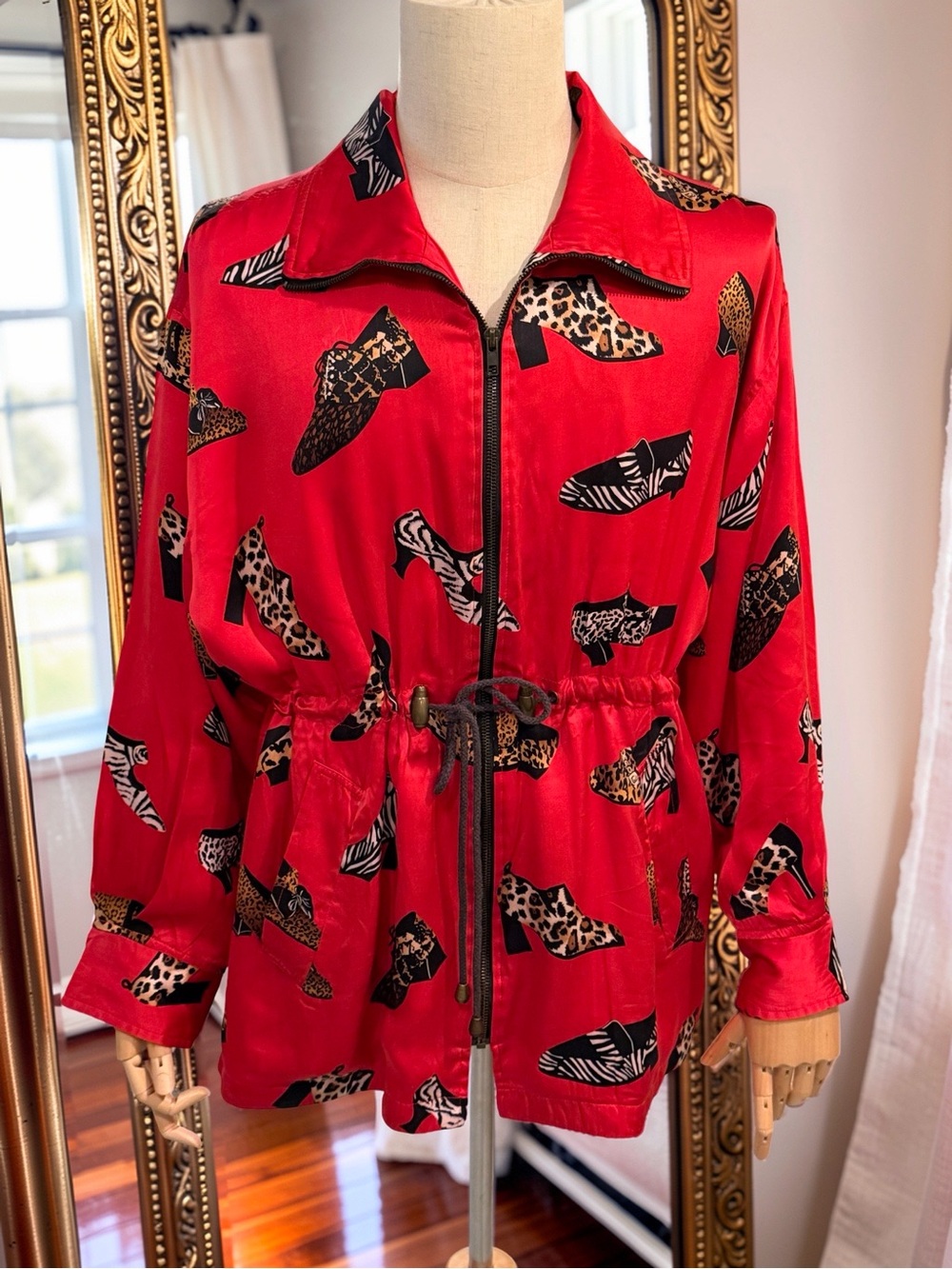 Gantos Vintage Sz L Red Silk Animal Printed Zip-Front Utility Jacket (0912)